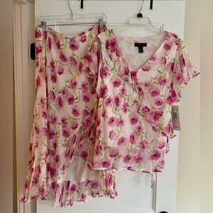 Signature Robbie Bee Womens Floral 100% Silk Top Skirt Set Size 18W Pink New